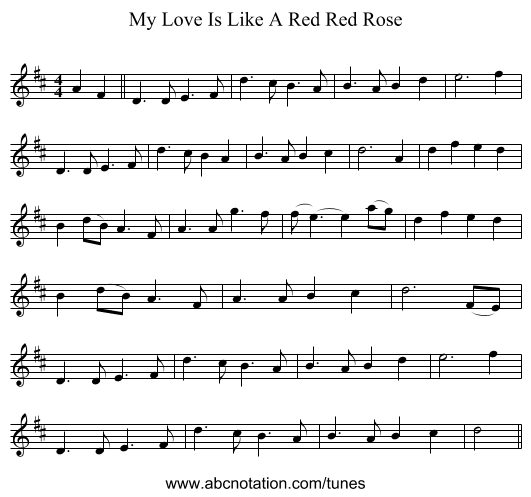 My Love Is Like A Red Red Rose - staff notation