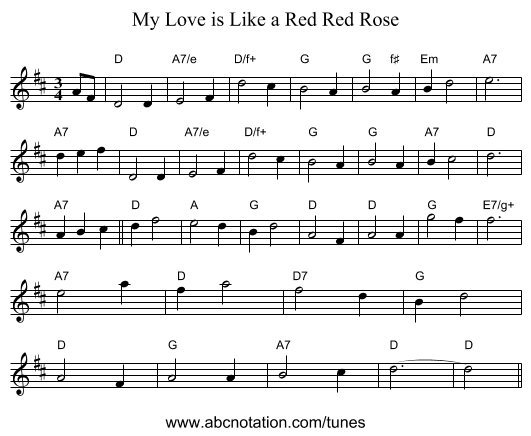My Love is Like a Red Red Rose - staff notation