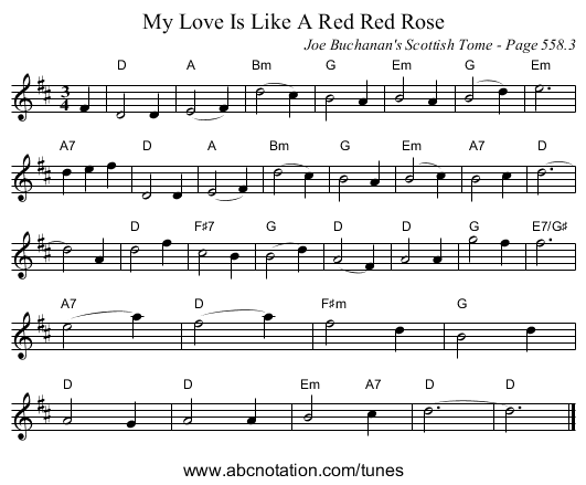 My Love Is Like A Red Red Rose - staff notation
