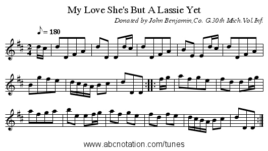 My Love She's But A Lassie Yet - staff notation