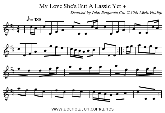 My Love She's But A Lassie Yet + - staff notation