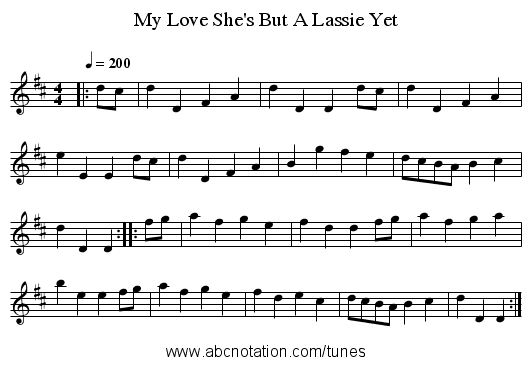 My Love She's But A Lassie Yet - staff notation