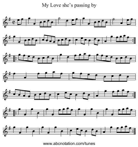 My Love she’s passing by - staff notation