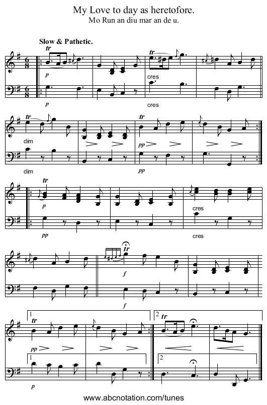 My Love to day as heretofore. - staff notation