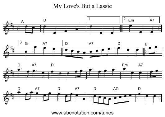 My Love's But a Lassie - staff notation