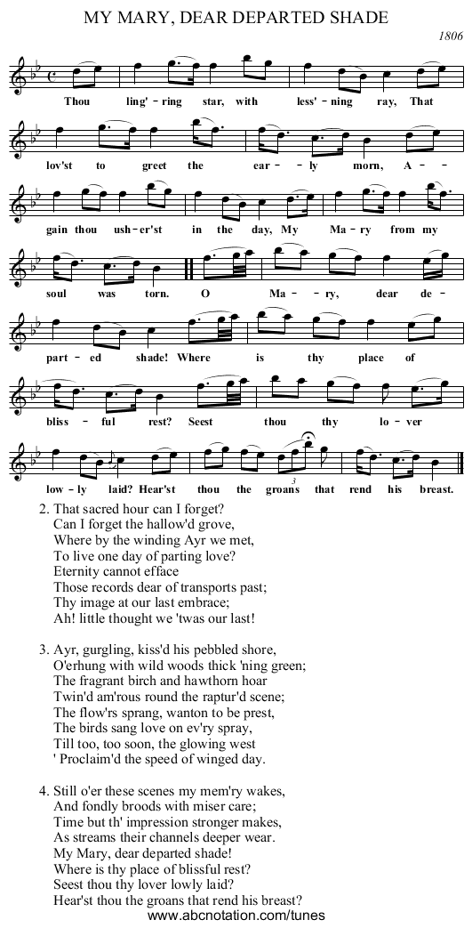MY MARY, DEAR DEPARTED SHADE - staff notation