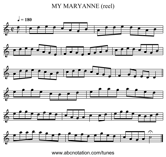 MY MARYANNE (reel) - staff notation