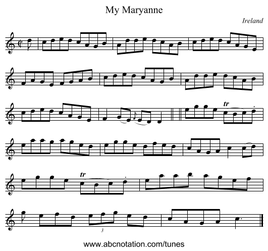 My Maryanne - staff notation