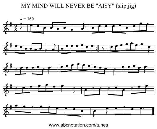 MY MIND WILL NEVER BE AISY (slip jig) - staff notation