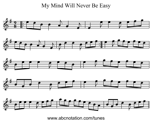 My Mind Will Never Be Easy - staff notation