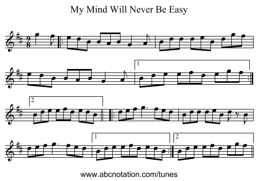 My Mind Will Never Be Easy - staff notation