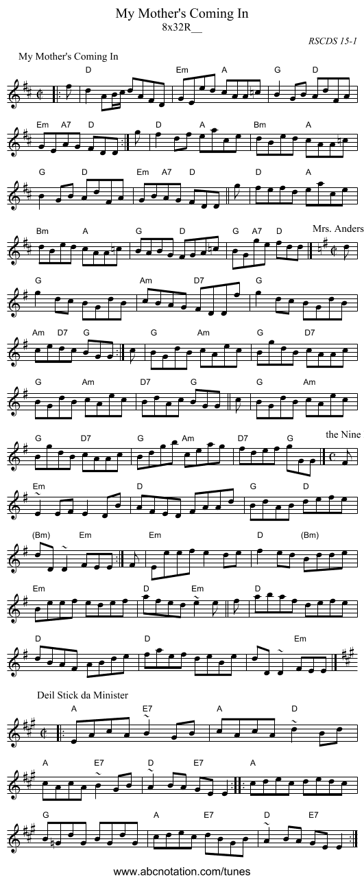 My Mother's Coming In - staff notation