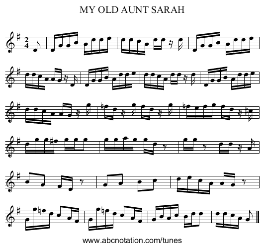 MY OLD AUNT SARAH - staff notation