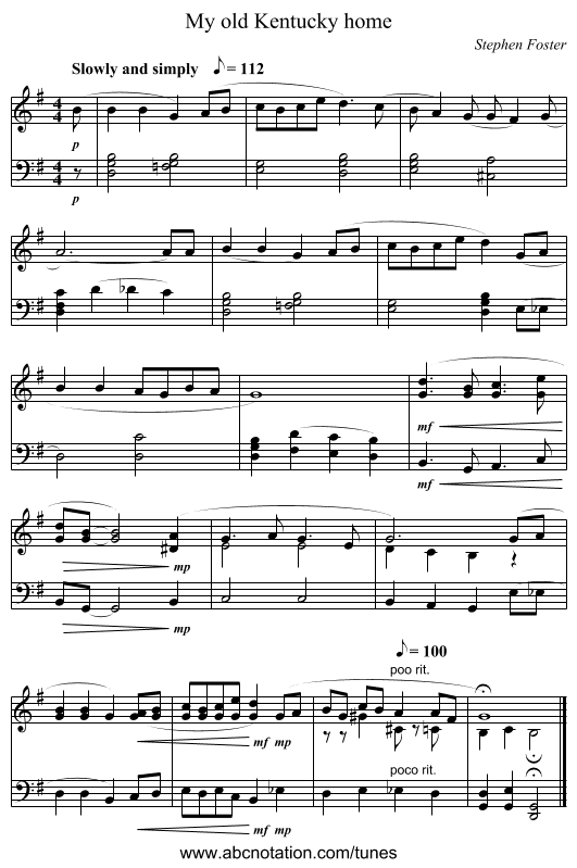 My old Kentucky home - staff notation