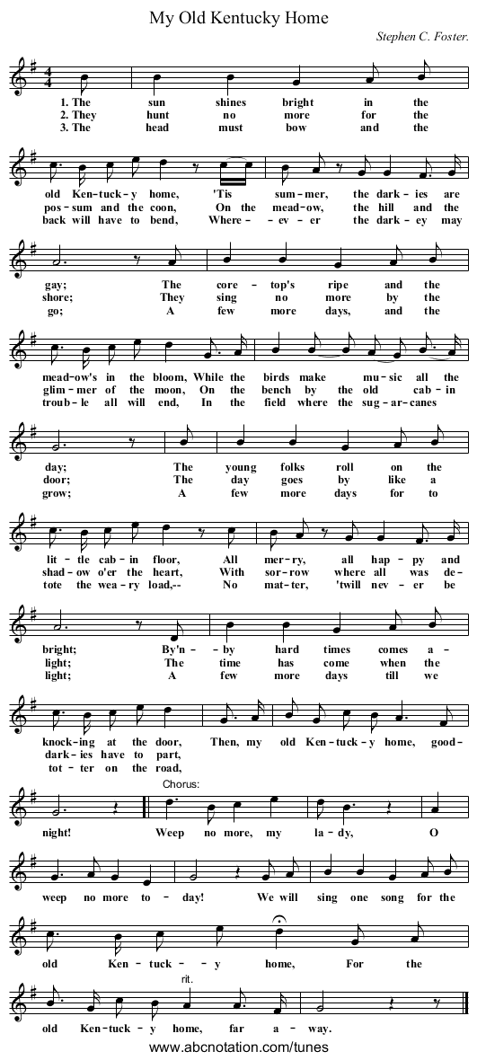 My Old Kentucky Home - staff notation