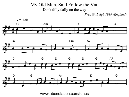 My Old Man, Said Follow the Van - staff notation
