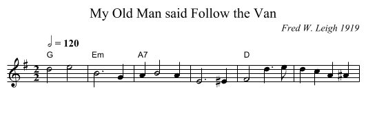 My Old Man said Follow the Van - staff notation