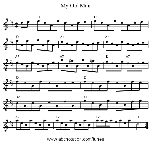 My Old Man - staff notation