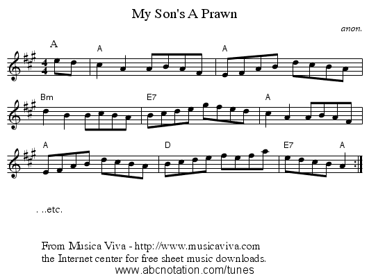 My Son's A Prawn - staff notation