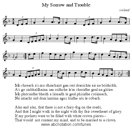 My Sorrow and Trouble - staff notation