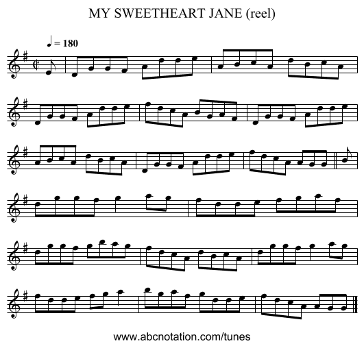 MY SWEETHEART JANE (reel) - staff notation