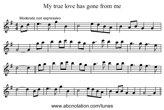 My true love has gone from me - staff notation