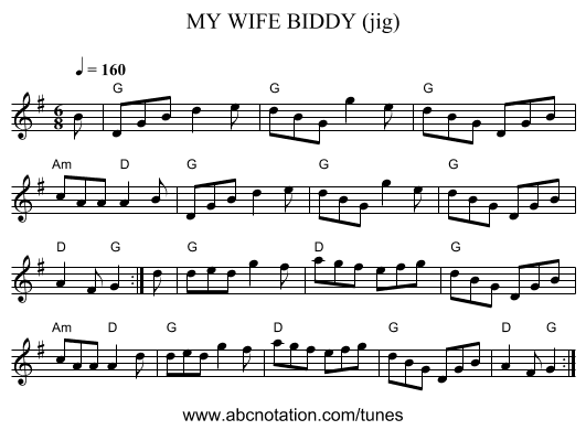MY WIFE BIDDY (jig) - staff notation