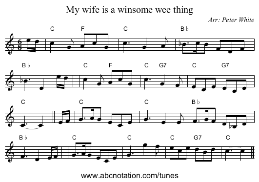 My wife is a winsome wee thing - staff notation