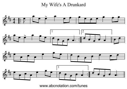 My Wife's A Drunkard - staff notation