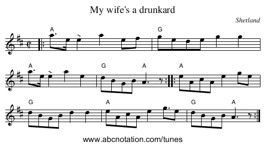 My wife's a drunkard - staff notation