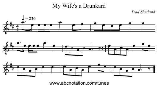 My Wife's a Drunkard - staff notation