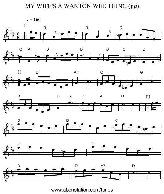 MY WIFE'S A WANTON WEE THING (jig) - staff notation