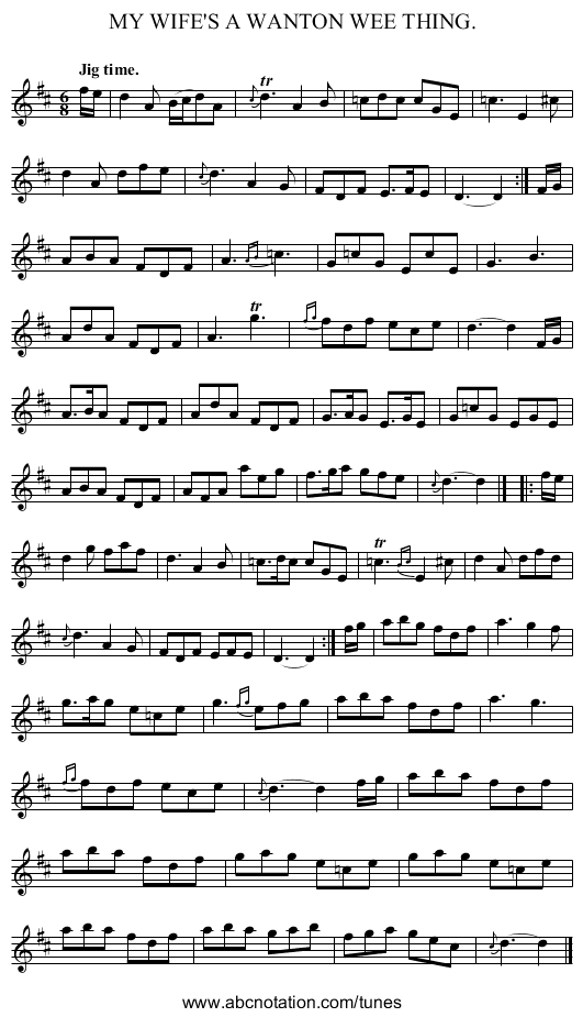MY WIFE'S A WANTON WEE THING. - staff notation