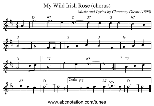 My Wild Irish Rose (chorus) - staff notation