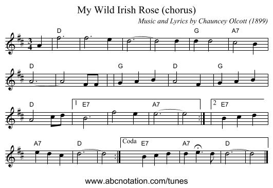 My Wild Irish Rose (chorus) - staff notation