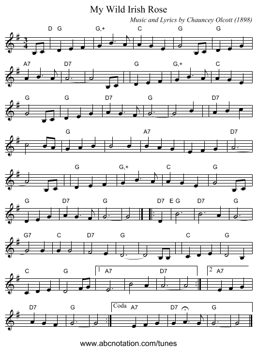 My Wild Irish Rose - staff notation