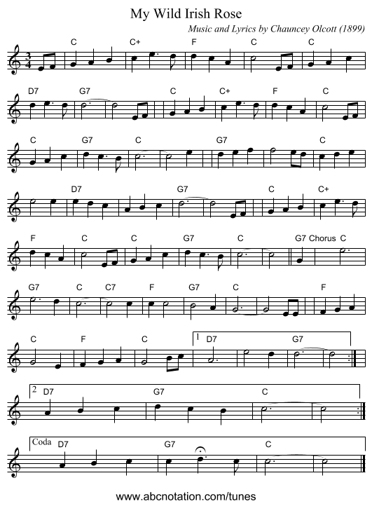 My Wild Irish Rose - staff notation