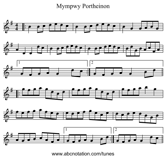 Mympwy Portheinon - staff notation