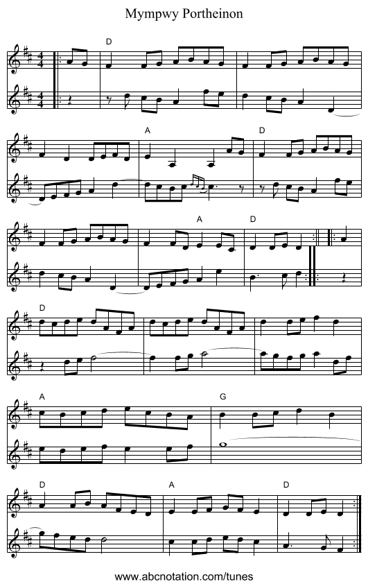 Mympwy Portheinon - staff notation