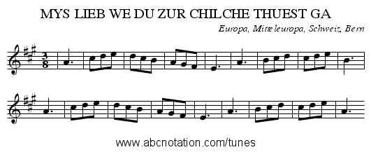 MYS LIEB WE DU ZUR CHILCHE THUEST GA - staff notation