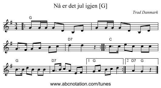 N&aring; er det jul igjen [G] - staff notation