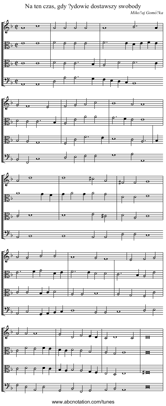 Na ten czas, gdy ?ydowie dostawszy swobody - staff notation