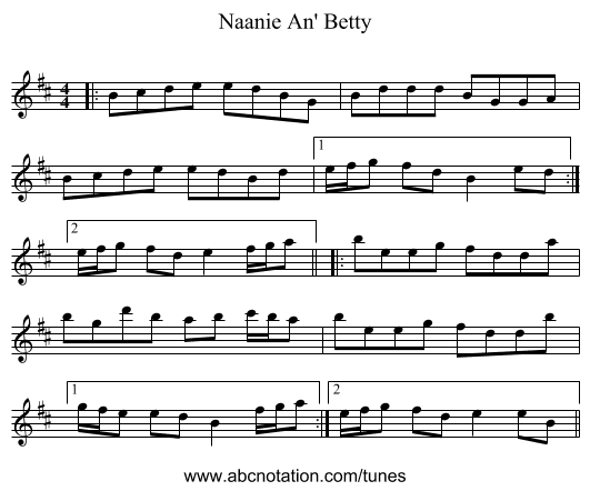 Naanie An' Betty - staff notation