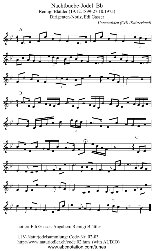 Nachtbuebe-Jodel  Bb - staff notation
