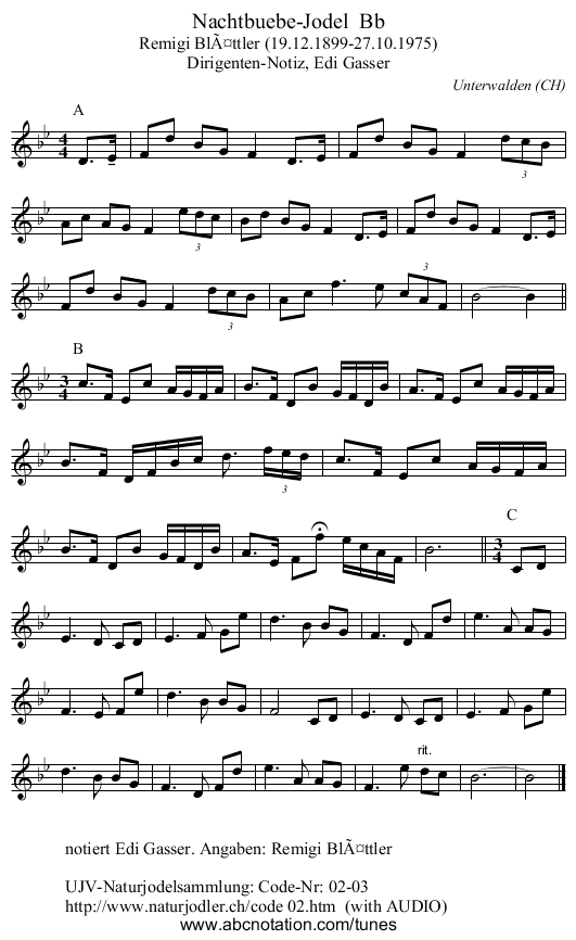 Nachtbuebe-Jodel  Bb - staff notation