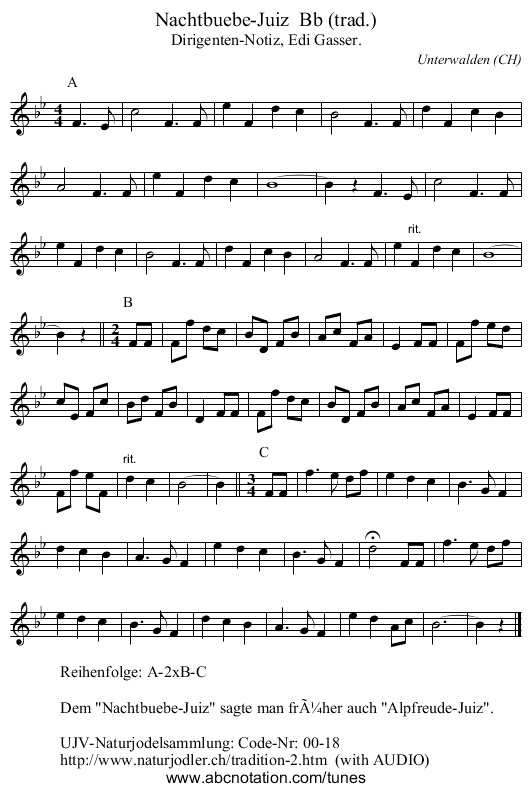 Nachtbuebe-Juiz  Bb (trad.) - staff notation