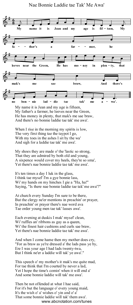 Nae Bonnie Laddie tae Tak' Me Awa' - staff notation