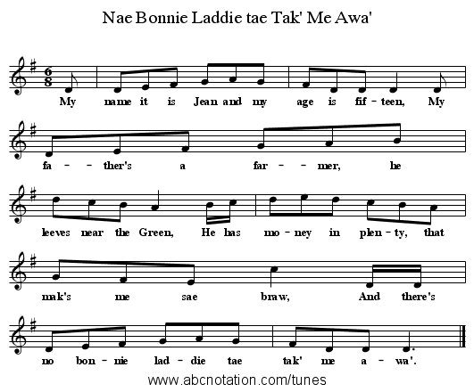 Nae Bonnie Laddie tae Tak' Me Awa' - staff notation