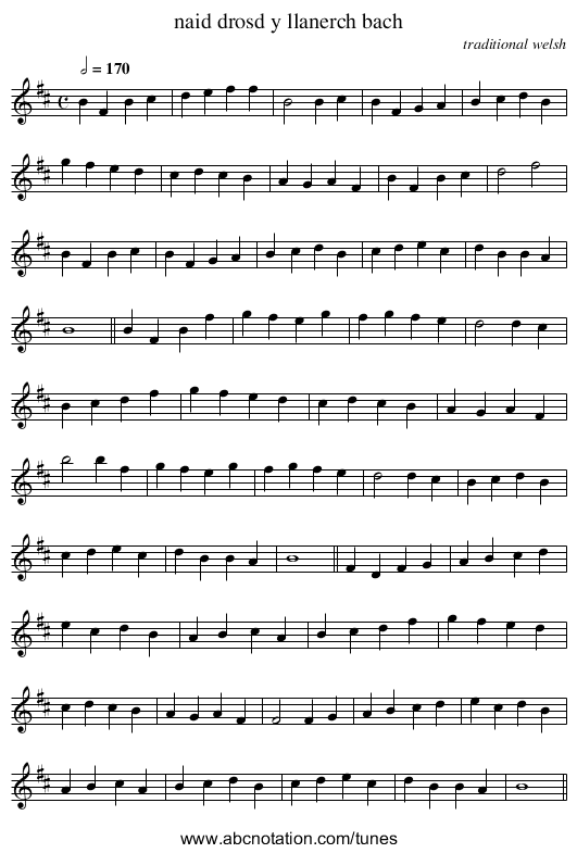 naid drosd y llanerch bach - staff notation