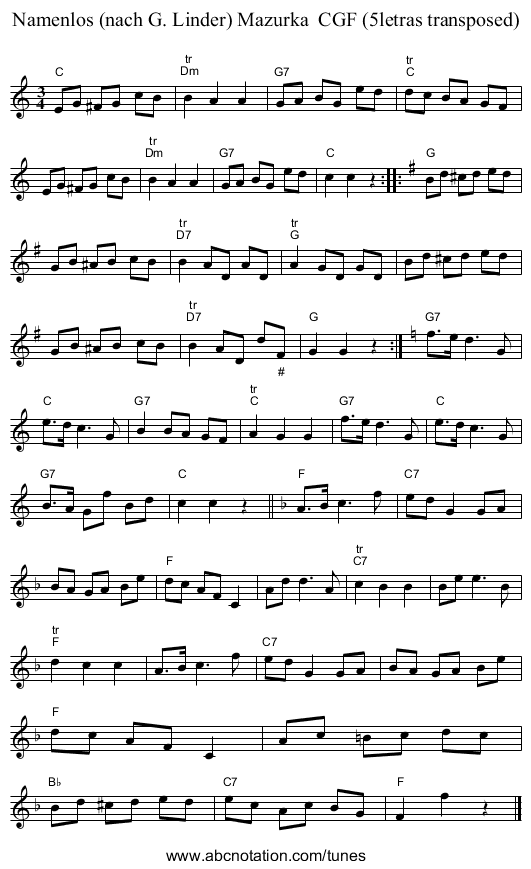 Namenlos (nach G. Linder) Mazurka  CGF (5letras transposed) - staff notation
